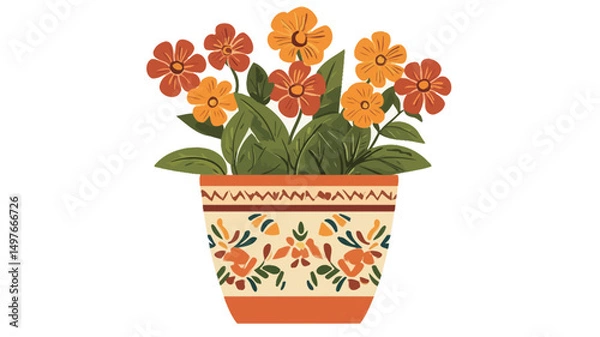 Fototapeta The image is a stylized illustration of a potted flowering plant. The flowers are depicted in shades of orange and yellow, with a simple, almost naive rendering style. The leaves are a solid dark.
