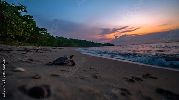 Fototapeta Sunset Turtle Release: A Baby Sea Turtle's Journey to the Ocean