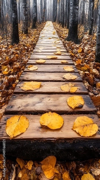 Fototapeta Wooden path lined with autumn leaves
