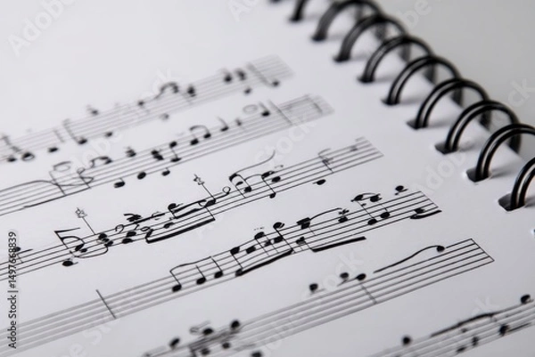 Fototapeta Close-up of sheet music on a spiral-bound notepad. Musical notes and lines fill the page.