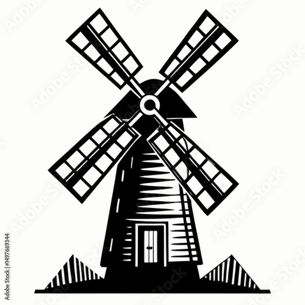 Obraz Rustic Windmill Sketch silhouette vector black on white background