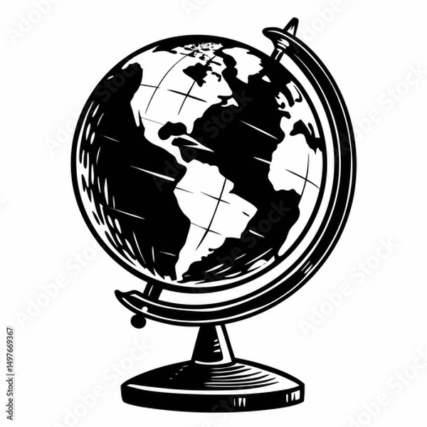 Obraz Vintage Globe Sketch silhouette vector black on white background
