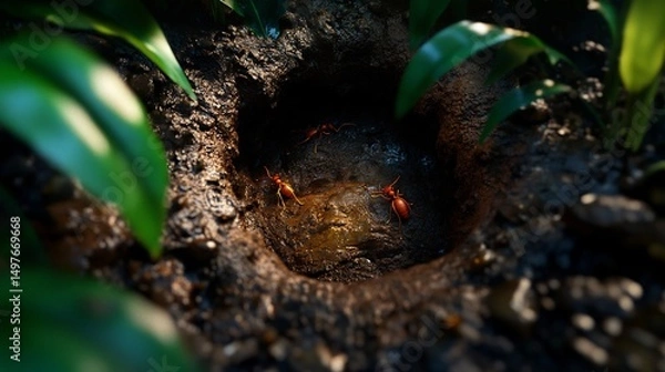 Fototapeta Ants near a puddle in the jungle