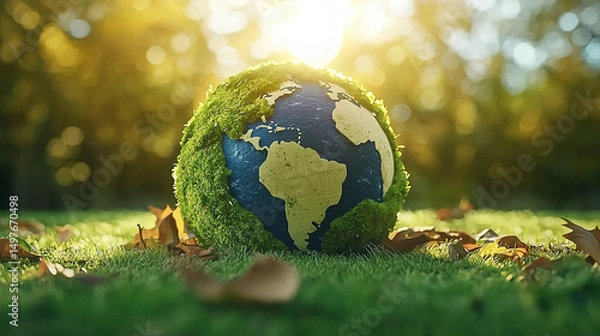 Fototapeta Moss and leaf-covered green planet Earth resting on grass, sunrays highlighting environmental awareness and global ecosystems, with colorful land and ocean textures symbolizing nature’s diversity.