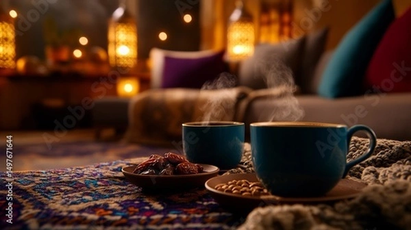 Fototapeta Cozy Evening with Warm Drinks and Dates