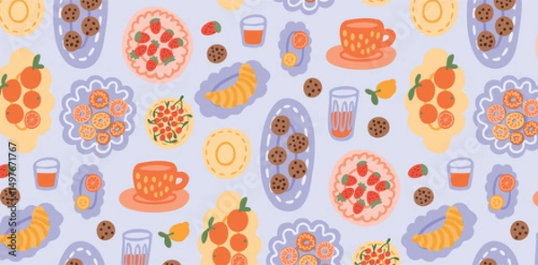 Obraz Seamless picnic pattern with tea cups, cookies, croissants, cherry tart, strawberry pie, citrus fruits and juice glasses. Summer sweet brunch repeat. Vector illustration.