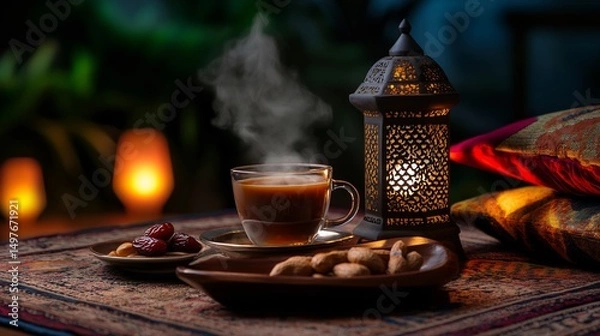 Fototapeta Serene Ramadan Evening: Warm Tea, Dates, and Lantern Light