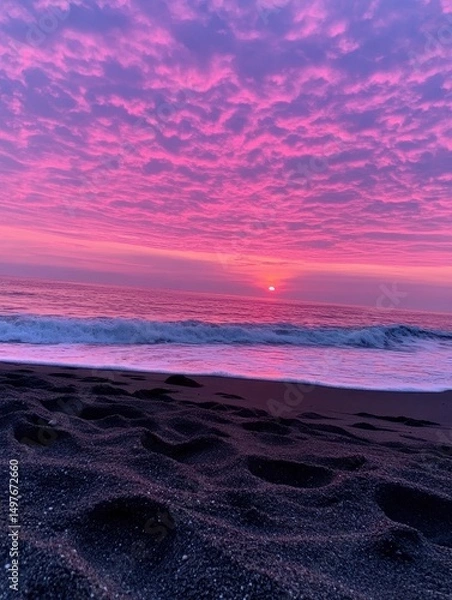 Obraz A vibrant purple and pink sunset over the ocean with gentle waves and dark sandy beach in the foreground.