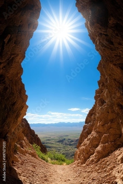Obraz A rocky cave frames a bright sunburst over a wide, green valley and distant mountains beneath a clear blue sky.