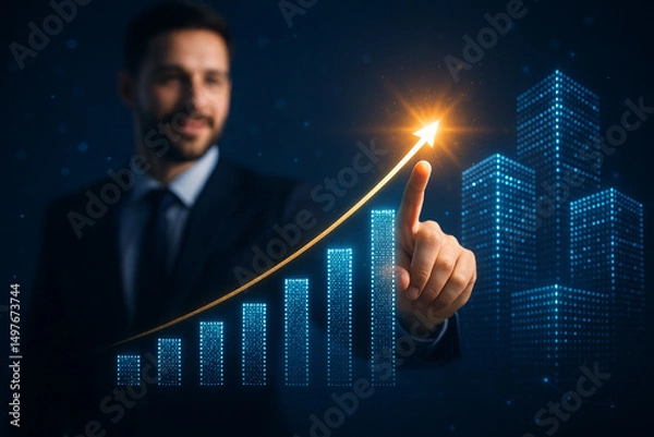 Obraz Businessman Displaying Financial Data Digitally on Virtual Interface
