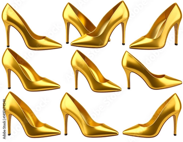 Fototapeta Golden high-heeled shoes in a grid pattern