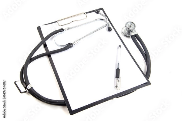 Obraz Stethoscope clipboard and pen on white background