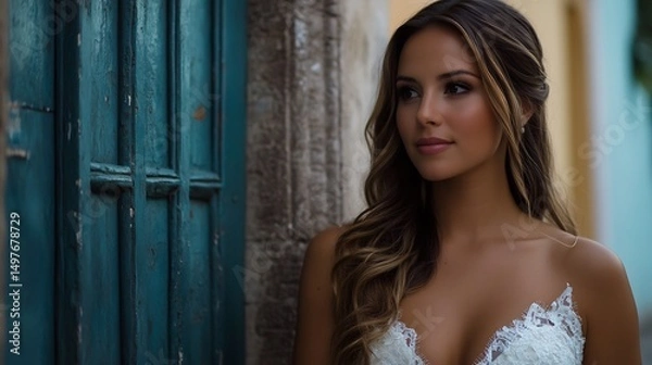 Fototapeta Elegant Bride Posing Near Teal Door