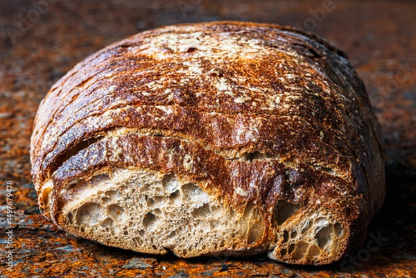 Obraz Freshly baked loaf of bread with a sliced-off piece on a corroded steel tabletop