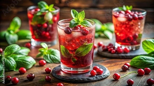 Fototapeta Refreshing Cranberry and Mint Beverage with Ice Cubes on Rustic Wooden Surface