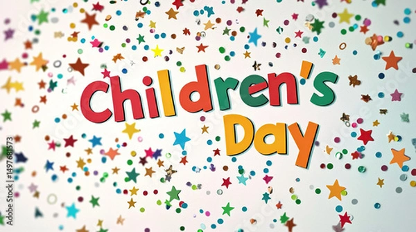 Fototapeta 3D rendering of "Children's Day" in colorful playful letters with bold lines, surrounded by stars and confetti on a white background, expressing festive joy and celebration.