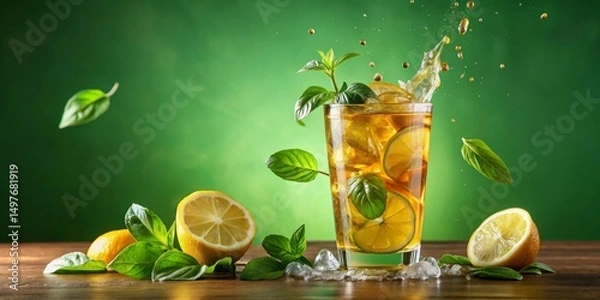 Fototapeta Refreshing Iced Tea with Lemon and Mint Leaves Splashing into a Glass