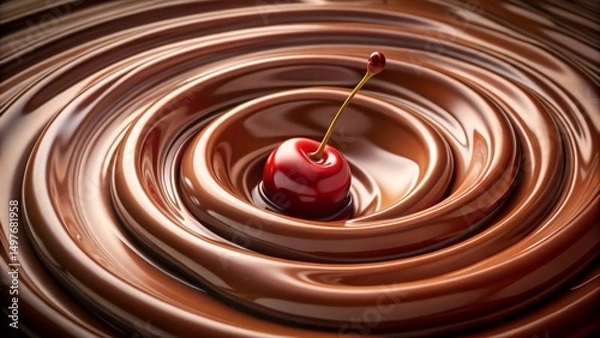 Fototapeta A Single Red Cherry Gently Descending into a Swirling Vortex of Rich, Melted Chocolate