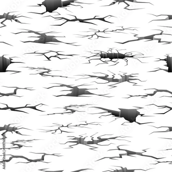 Obraz Large and small cracks in ground. Asphalt or dirt road splits seamless pattern. Repeated print. Earthquake damaged surface. Destruction cleft. Floor fissures and holes. Vector background
