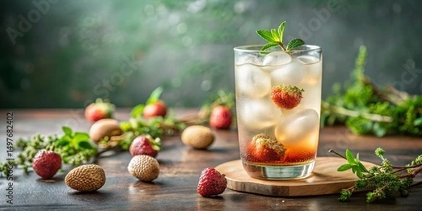 Fototapeta Refreshing Iced Strawberry Beverage with Mint Garnish on Wooden Surface