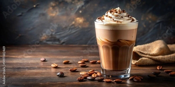 Fototapeta Aromatic Coffee Beverage with Whipped Cream and Coffee Bean Garnish on Wooden Table