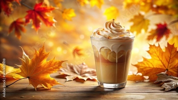 Fototapeta Autumnal beverage with whipped cream and caramel drizzle on wooden surface surrounded by fallen leaves