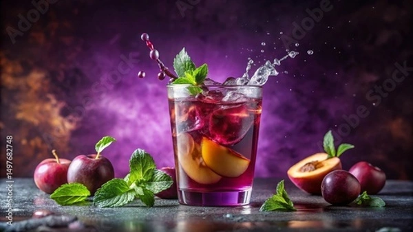 Fototapeta Refreshing Plum and Peach Iced Beverage with Mint Garnish in a Glass