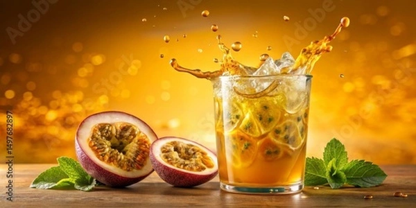 Fototapeta Refreshing Passion Fruit Ice Drink Splashing into Glass with Mint Garnish on Wooden Table