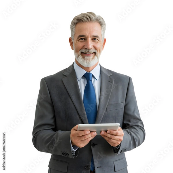 Obraz Smiling Man in Gray Formal Suit Holding Tablet on Transparent Background, PNG format.