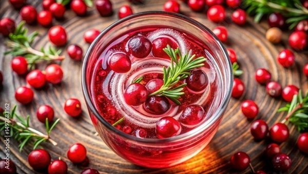 Fototapeta Refreshing Cranberry Beverage with Rosemary Garnish, Glistening Ice, and Vibrant Red Berries on a Rustic Wooden Surface
