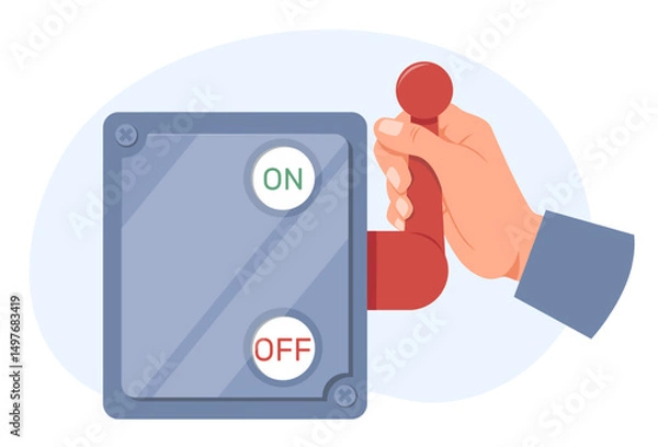 Obraz Switching on electric lever switch. Electricity supplying. Electric power turn on toggle. Technology regulator. Electrical voltage start turner. Equipment console panel. Vector concept