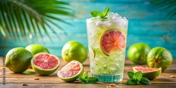 Fototapeta Refreshing Summer Citrus Beverage with Ice and Mint Garnish on Rustic Wooden Table