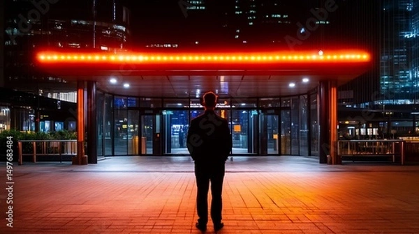 Fototapeta Solitary Figure at Night, Illuminated Entrance