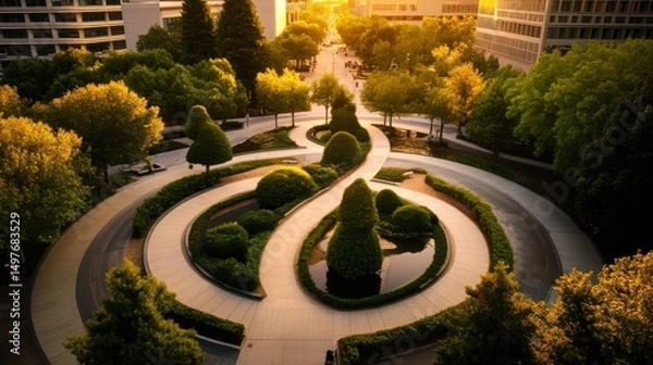 Obraz Aerial view of a sunlit urban park with a unique pathway design.