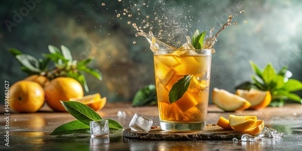 Fototapeta Refreshing Iced Tea with Citrus Splash and Mint Garnish in Glass