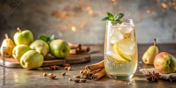 Fototapeta Refreshing Pear and Cinnamon Fizz Cocktail with Ice Cubes and Mint Garnish