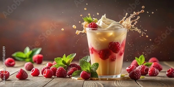 Fototapeta Refreshing Raspberry Cream Drink with Whipped Topping and Mint Garnish, Splashing on Wooden Table