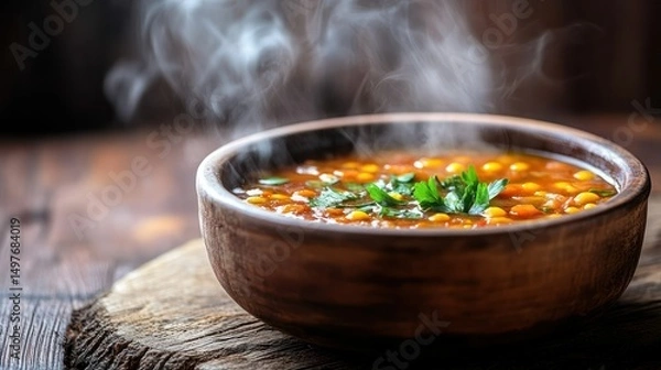 Obraz Steaming bowl of hearty soup with vegetables and fresh parsley garnish.