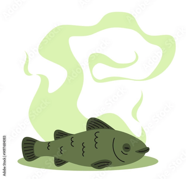 Obraz Green stinky toxic bad smell of dead not fresh fish. Spoiled food. Organic garbage. Unpleasant odor. Water pollution. Rotten animal. Moldy seafood product. Smelly trash. Vector concept