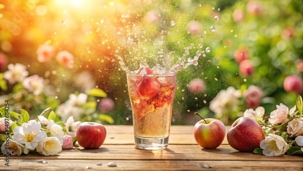 Fototapeta Refreshing apple cider drink splashing in a glass surrounded by blooming apple tree branches and ripe apples on a rustic wooden surface, bathed in sunlight.