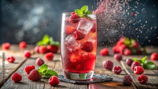 Fototapeta Refreshing Raspberry Iced Drink with Mint and Ice Cubes on Rustic Wooden Table