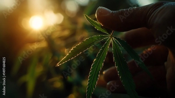 Fototapeta Golden Hour Cannabis: A Hand Gently Holds a Dew-Kissed Marijuana Leaf, Backlit by the Setting Sun's Warm Embrace.