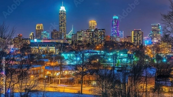 Obraz Night cityscape skyline with snow-covered foreground.