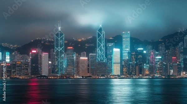Obraz Night cityscape, Hong Kong skyline, illuminated skyscrapers, harbor reflection.