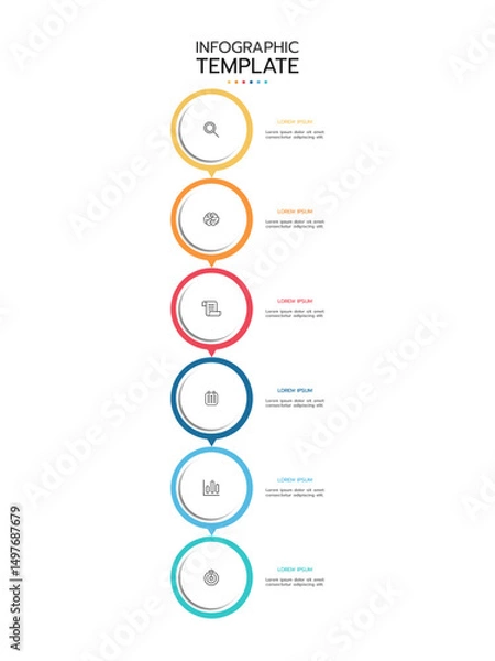 Fototapeta Infographic template featuring seven vertical, connected circles with a gradient outline from red to blue, resembling a timeline. Each circle contains a thin line icon and adjacent placeholder text.