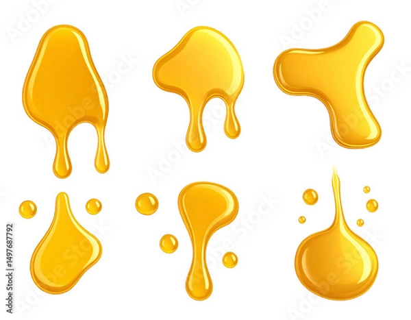 Fototapeta Golden liquid spills and drips in various shapes and sizes