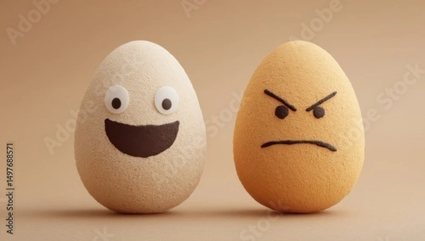 Obraz Happy Egg and Angry Egg Side by Side, Representing Emotional Contrast and Personality Differences, Suitable for Psychology or Relationship Counseling : Generative AI