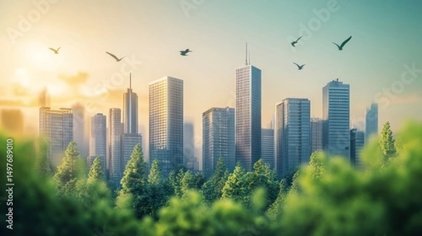 Obraz Sunrise over a modern city skyline, partially obscured by lush green trees.