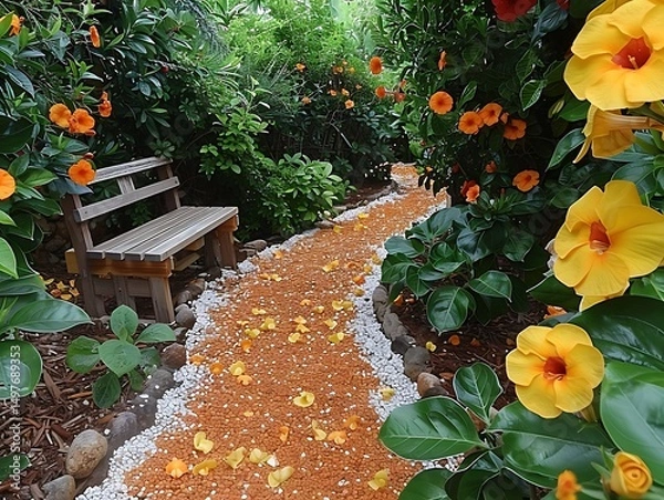 Fototapeta Lush garden path with bench