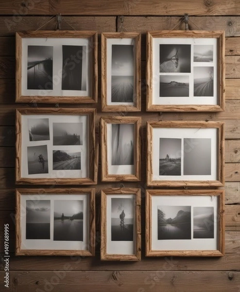 Obraz Empty photo frames collage mockup, rustic wood & clips,  home decor,  display,  frames